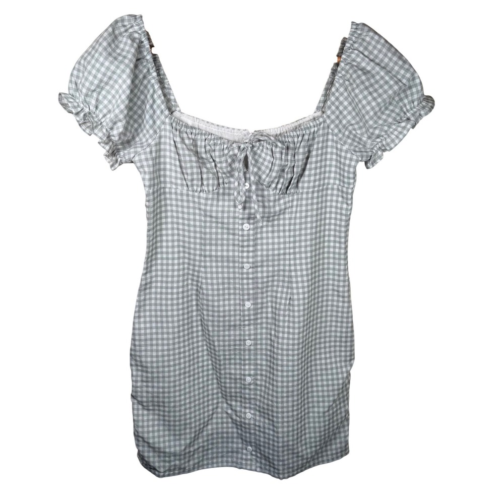 Rumor Gingham Mini Dress Women‎ Size 8 Gray White Milkmaid Cottagecore Puff Slve